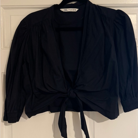Zara Black Tie-Front Cropped  Blouse - Picture 1 of 3